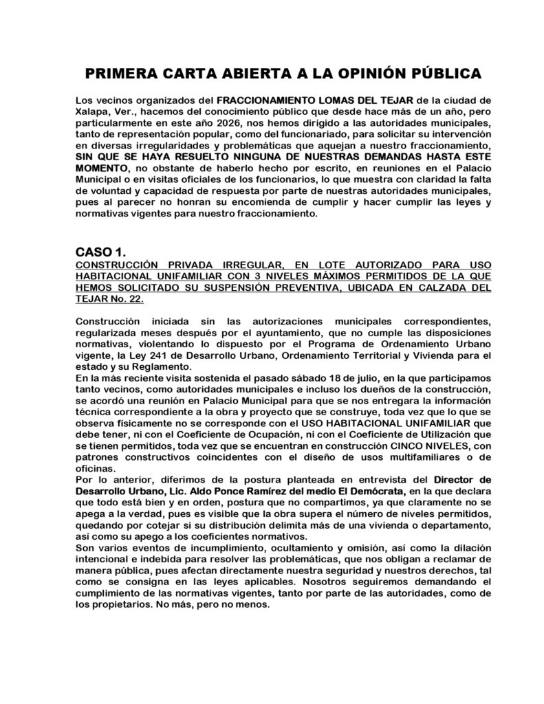 Construcciones irregulares y riesgos en Lomas del Tejar
