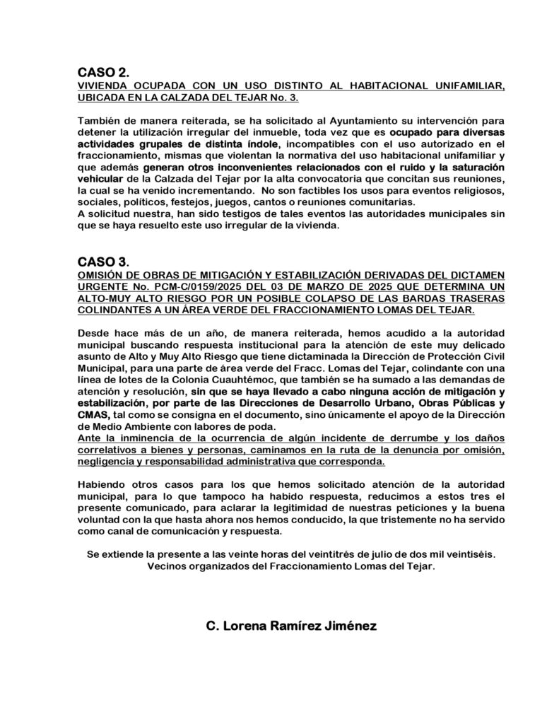 Construcciones irregulares y riesgos en Lomas del Tejar