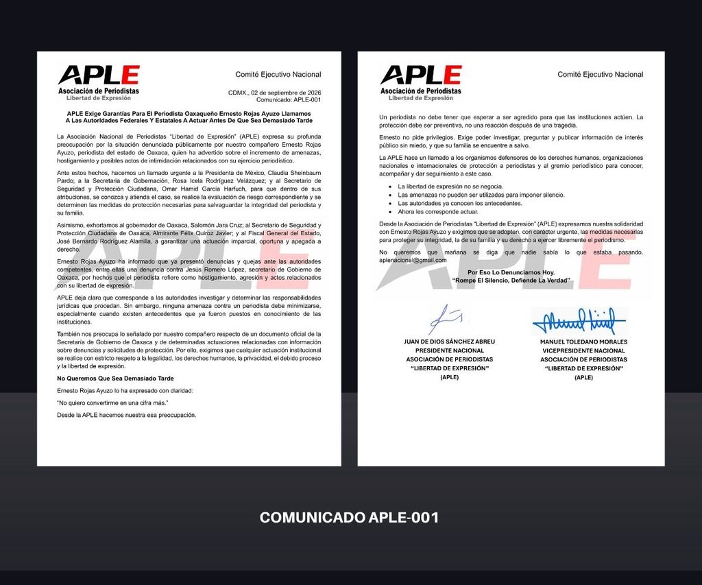 APLE exige protección federal para periodista oaxaqueño